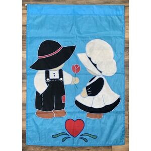 Pilgrims Boy Girl Flag Double Side Blue Ivory Black Red Heart 28"x40" 1993 Vtg